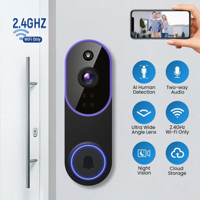 1080P Wireless Video Doorbell Camera with Smart AI Human Detection, FHD Live View, Cloud Storage, Night Vision, Two-Way Audio, Instant Alerts, and 2.4G WiFi Compatibility for Indoor/Outdoor Home Security Surveillance